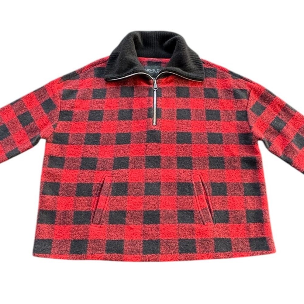 Rachel Zoe Red and Black Buffalo Plaid 3/4 Zip Pullover Knit Collar Womens SZ XL